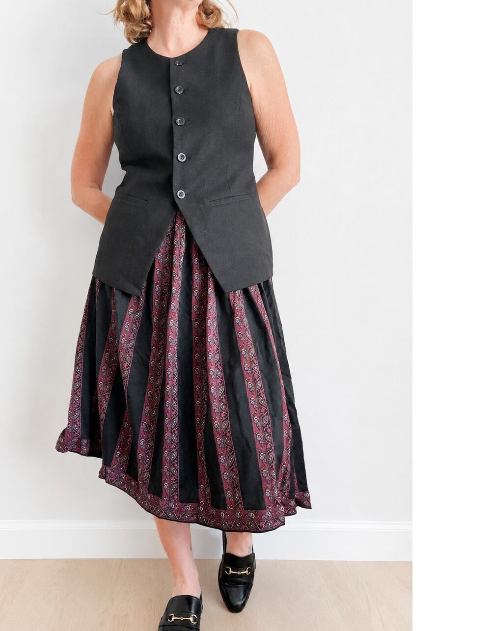 Vintage Geiger Womens Wool Pleated Midi Skirt Austria Plum/Black Waist 26/S